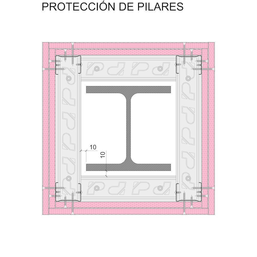 Protección de elementos de acero con sistemsa autoportantes Pladur® 48-35 + 2x12,5F