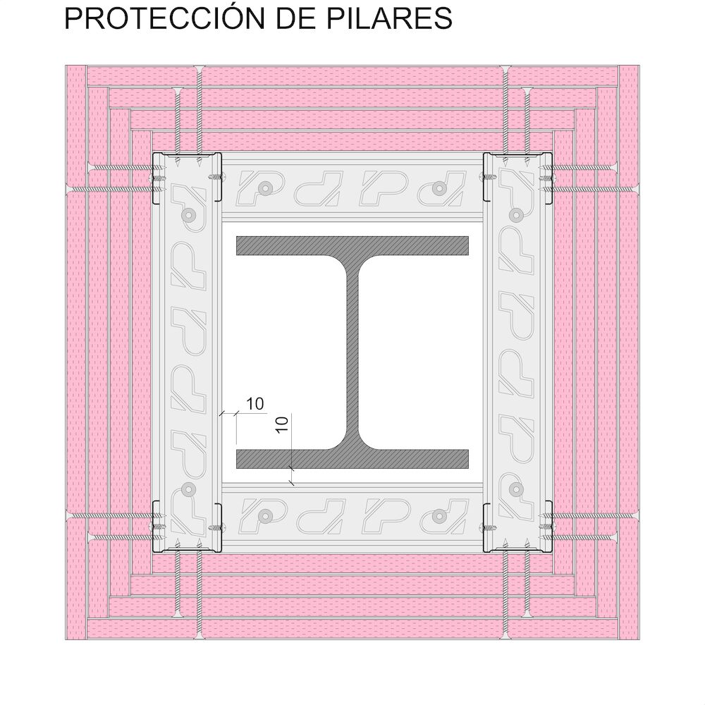Protección de elementos de acero con sistemsa autoportantes Pladur® 48-35 + 4x15F
