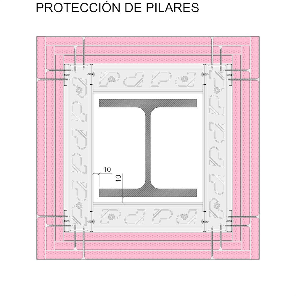Protección de elementos de acero con sistemsa autoportantes Pladur® 48-35 + 3x15F