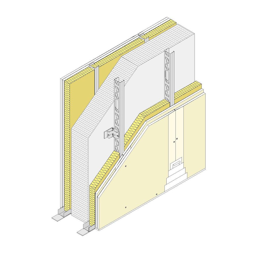 Tabique Pladur® mixto: Trasdosado 73 (48-35) 2N MW + Muro Base + Trasdosado 73 (48-35) 2N MW Arriostrado